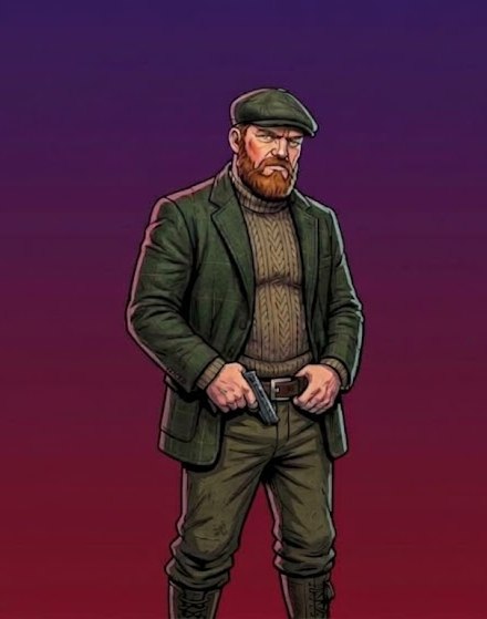 The Irish boss in a flat cap and tweed jacket, pistol at his belt