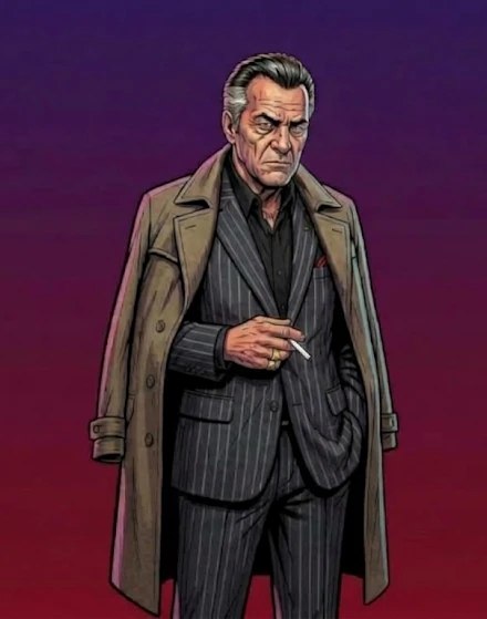 The Italian boss in a pinstripe suit and trench coat, cigarette in hand