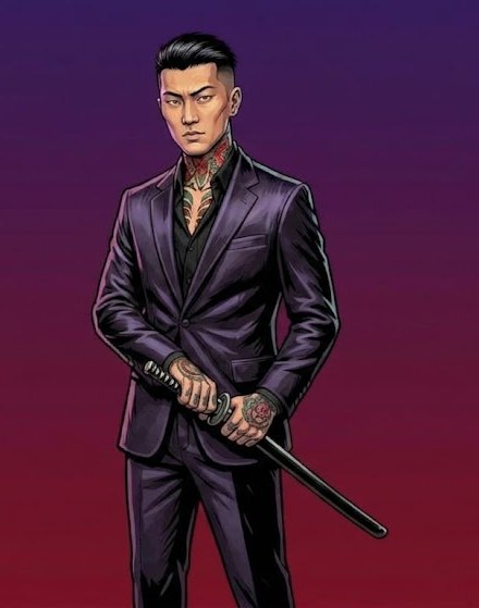 The Japanese boss in a dark purple suit, holding a sheathed katana, tattoos on his neck and hands