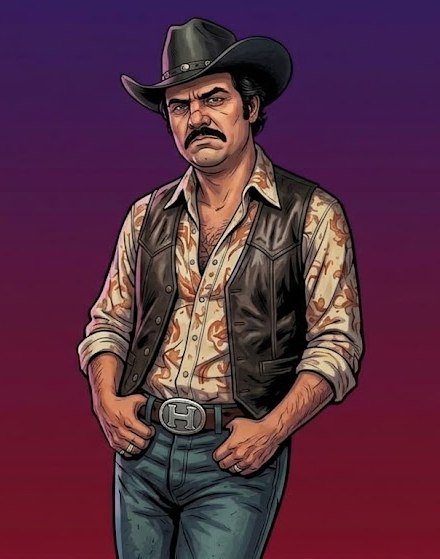 The Mexican boss in a black cowboy hat, leather vest and patterned shirt