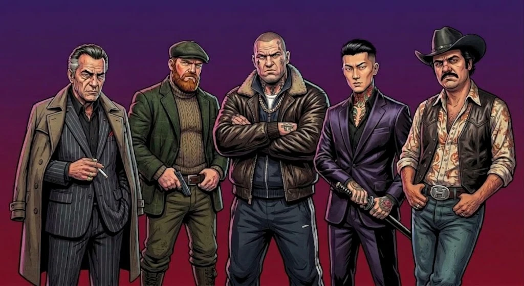The bosses of the five MobTies families: Italian, Irish, Russian, Japanese and Mexican