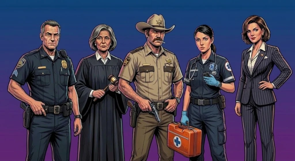 The law in Los Santos: a police officer, a judge, a sheriff, a paramedic and a lawyer
